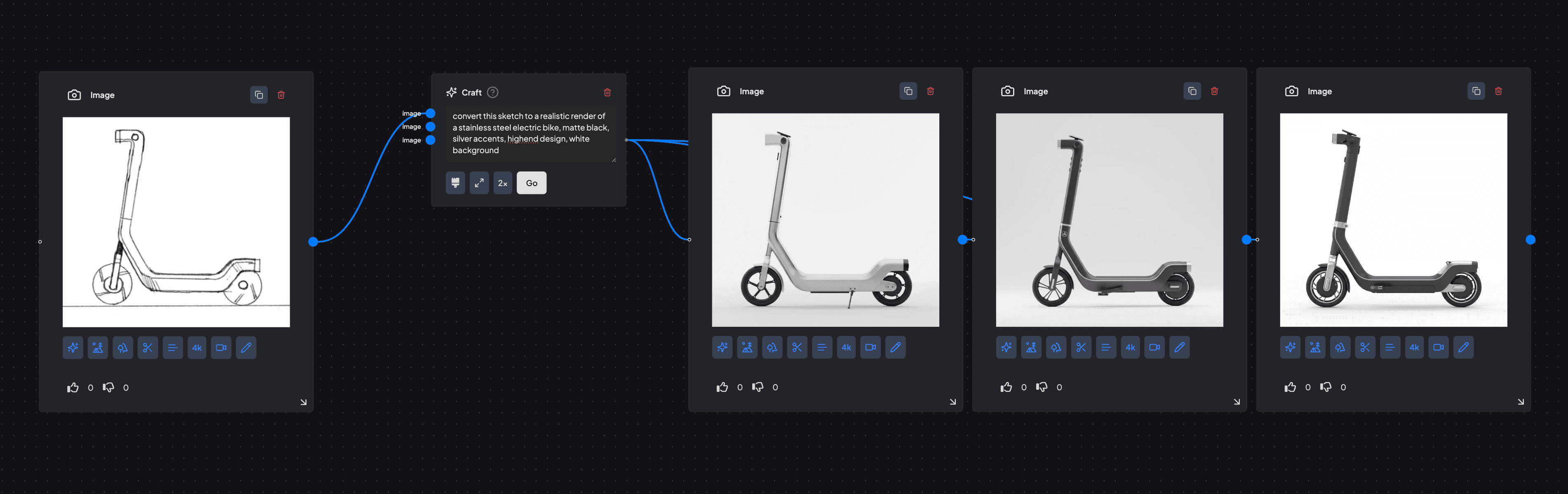 supercraft sketch to render using ai showcasing rendering an e-bike design into a photorealistic image