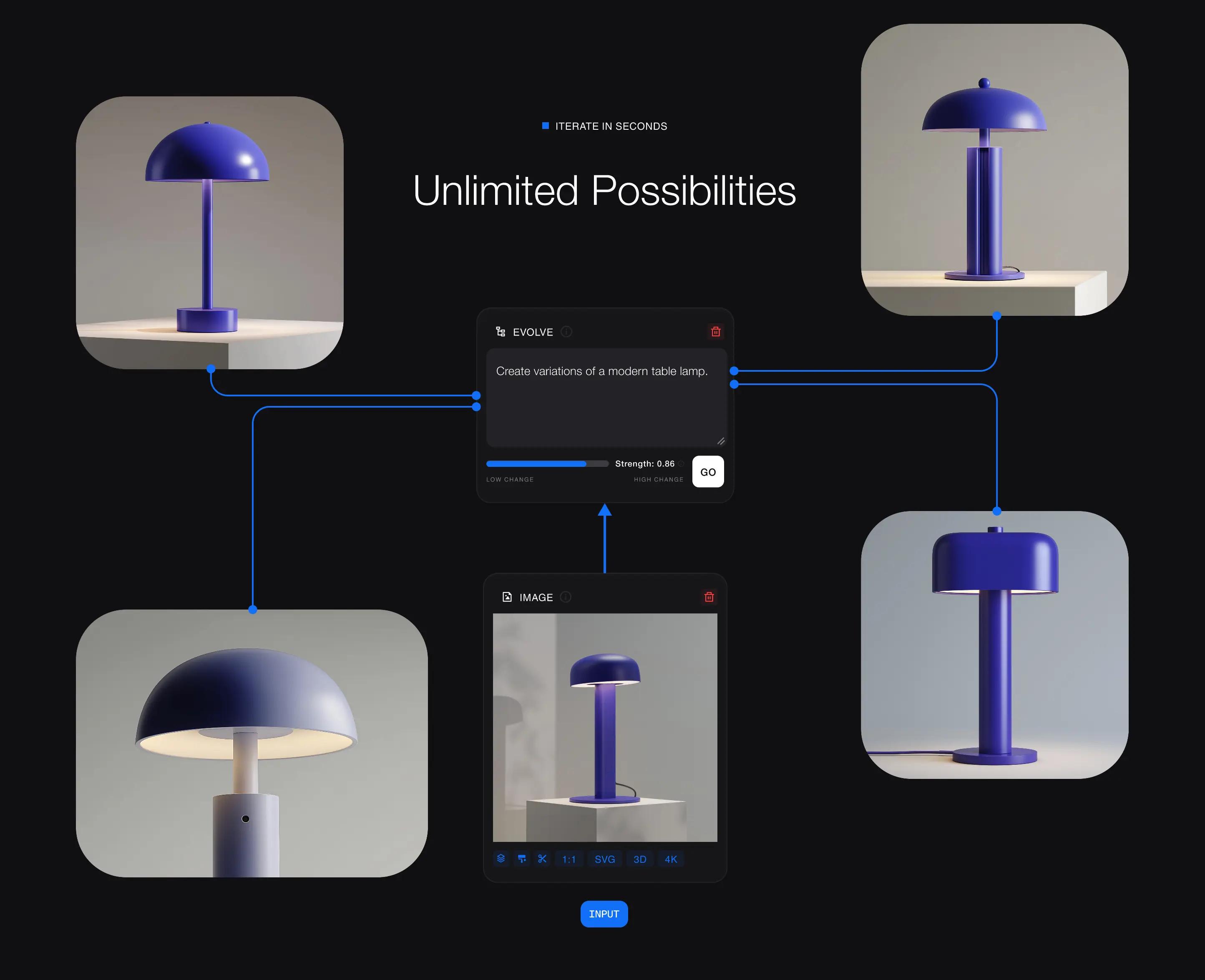 supercraft explore feature showcasing ai based design exploration of a lamp