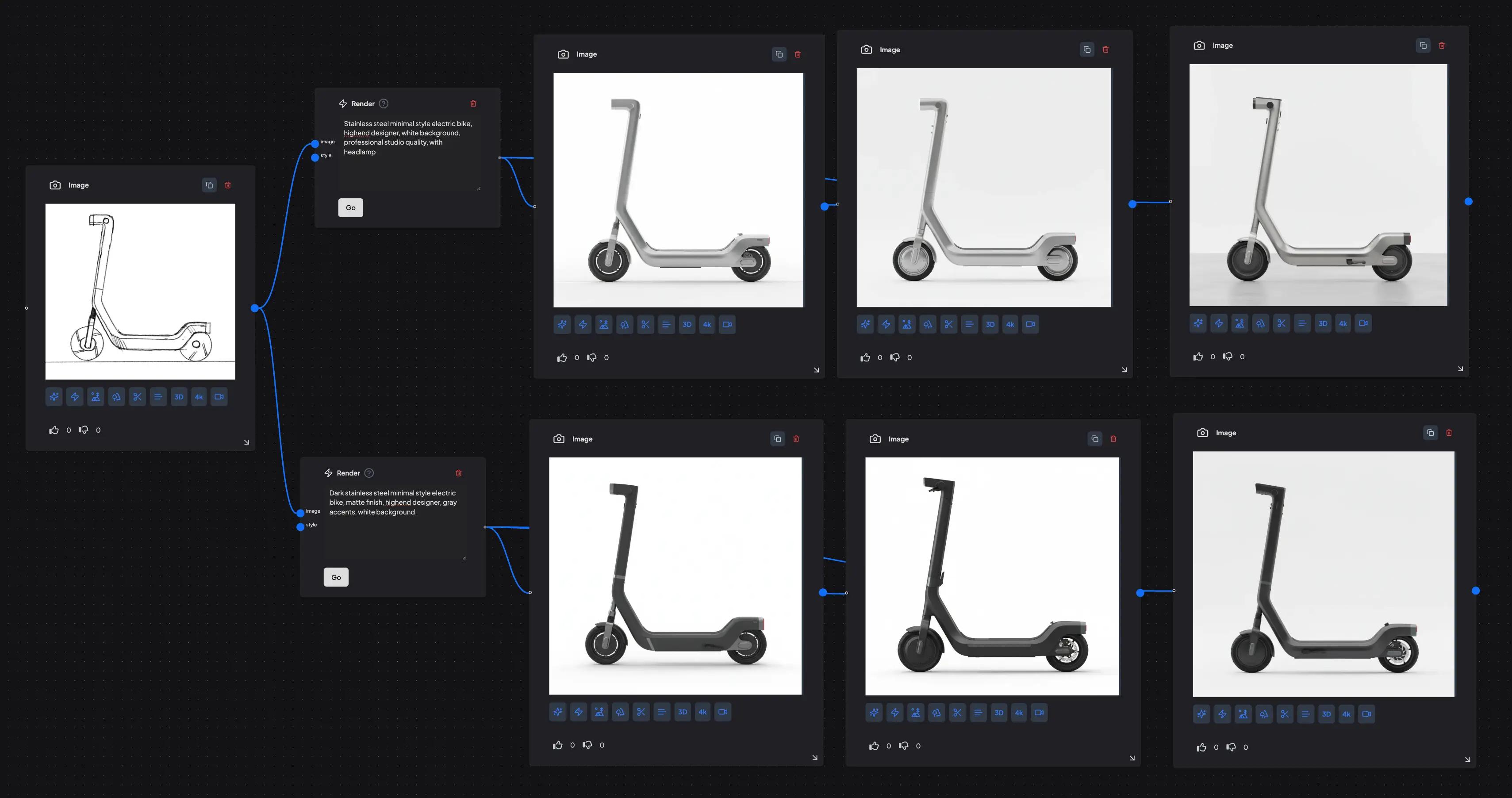 supercraft sketch to render using ai showcasing rendering an e-bike design into a photorealistic image