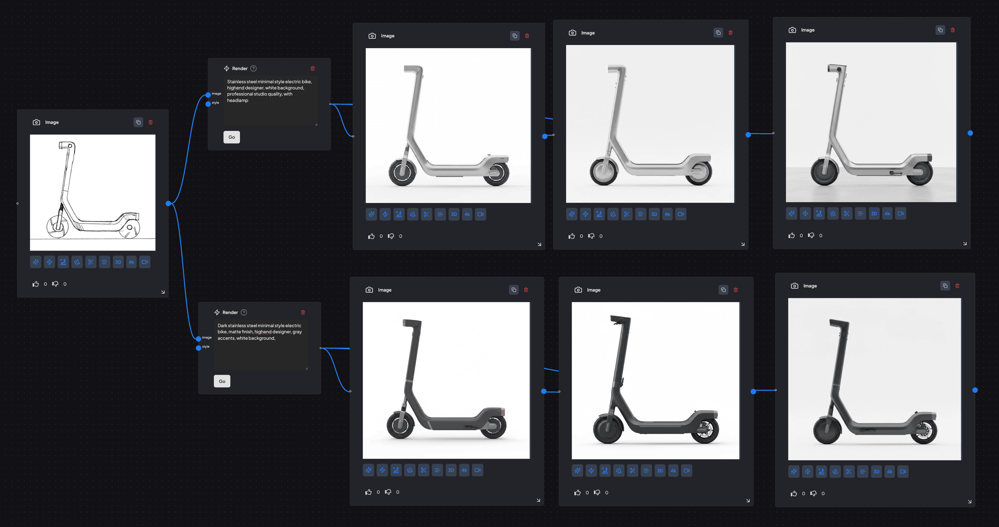 supercraft sketch to render using ai showcasing rendering an e-bike design into a photorealistic image